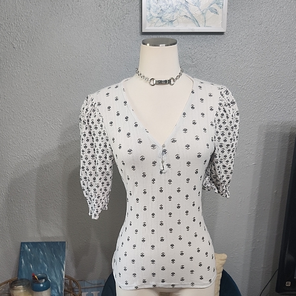 Lucky Brand White Floral Puff Sleeve Blouse